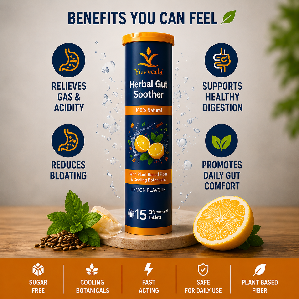 Yuvveda Herbal Gut Soother – Ayurvedic Effervescent Digestive Tablets