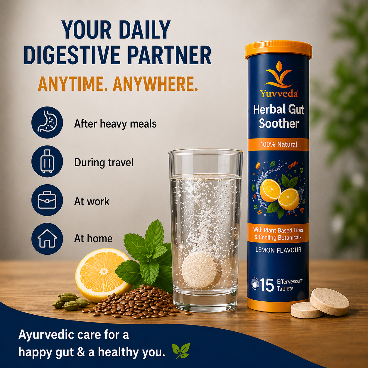 Yuvveda Herbal Gut Soother – Ayurvedic Effervescent Digestive Tablets